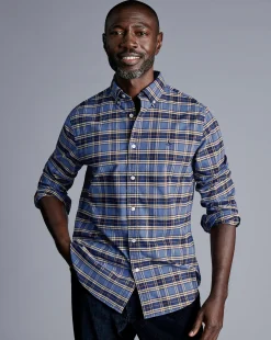 Casual Shirts|Check Shirts<Charles Tyrwhitt Button-Down Collar Brushed Washed Oxford Overcheck Shirt - Blue Indigo