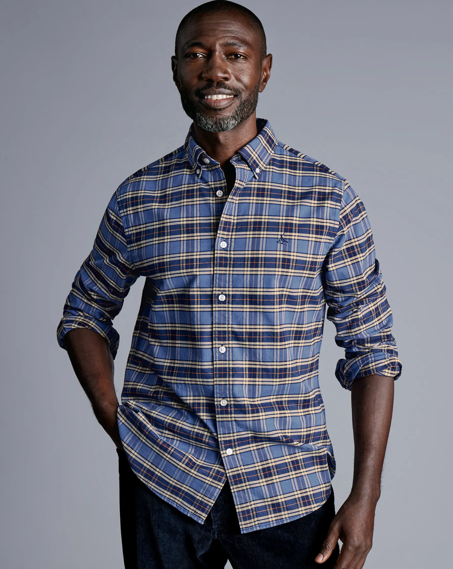 Casual Shirts|Check Shirts<Charles Tyrwhitt Button-Down Collar Brushed Washed Oxford Overcheck Shirt - Blue Indigo