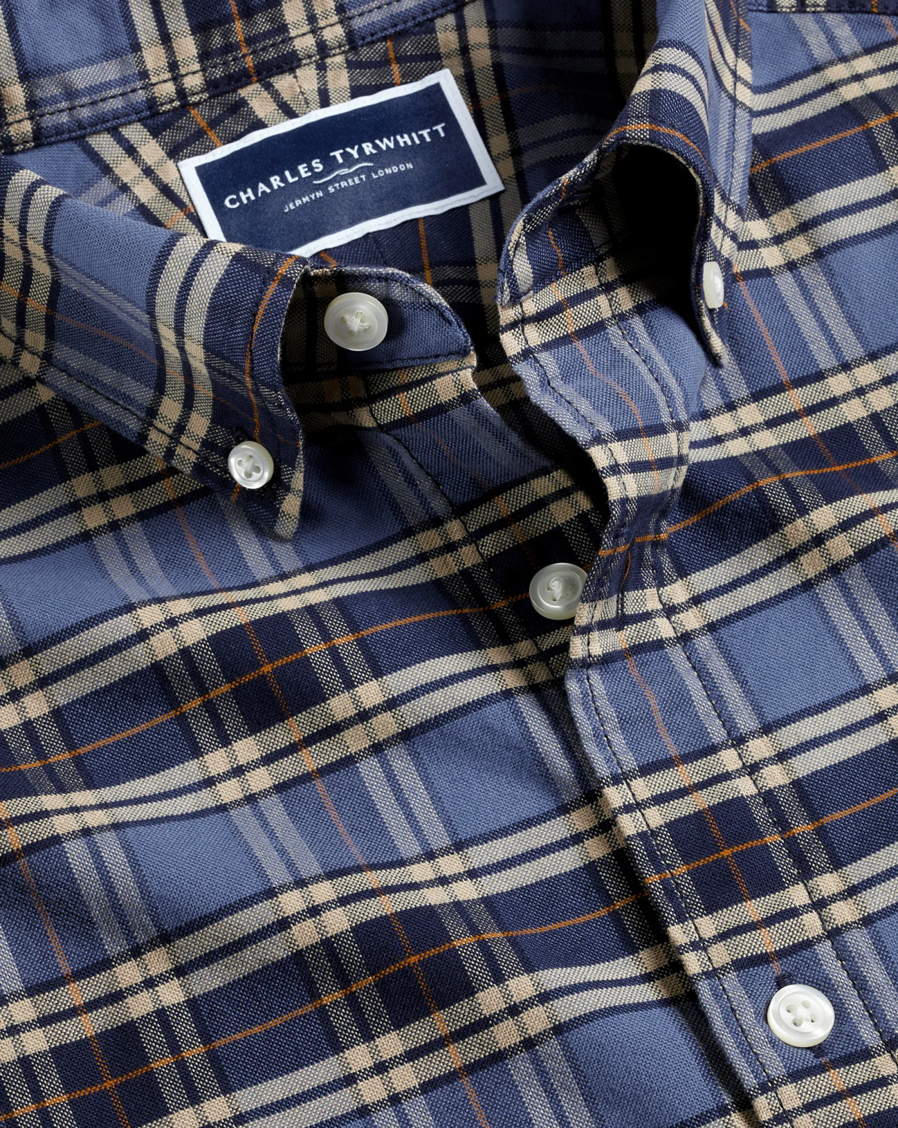 Casual Shirts|Check Shirts<Charles Tyrwhitt Button-Down Collar Brushed Washed Oxford Overcheck Shirt - Blue Indigo