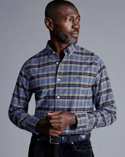 Casual Shirts|Check Shirts<Charles Tyrwhitt Button-Down Collar Brushed Washed Oxford Overcheck Shirt - Blue Indigo