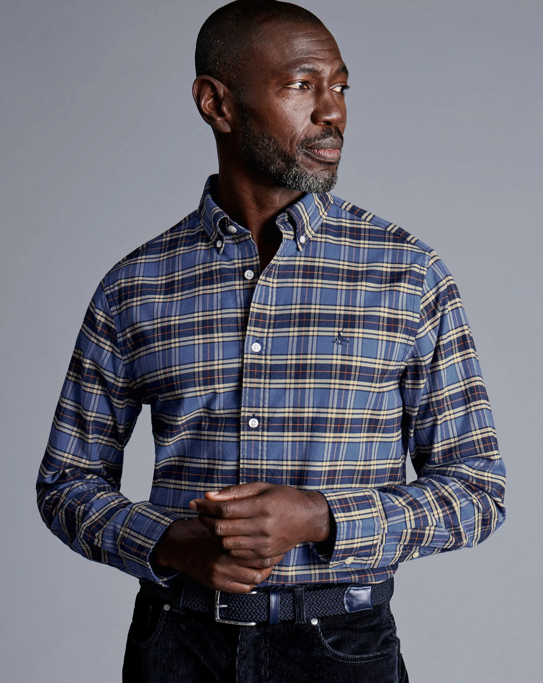 Casual Shirts|Check Shirts<Charles Tyrwhitt Button-Down Collar Brushed Washed Oxford Overcheck Shirt - Blue Indigo