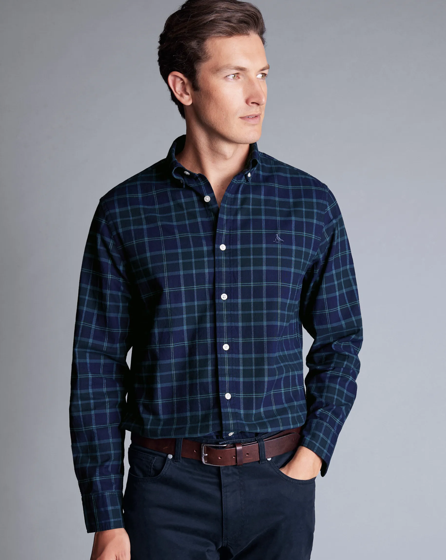 Casual Shirts|Check Shirts<Charles Tyrwhitt Button-Down Collar Brushed Washed Oxford Check Shirt - Heather Blue