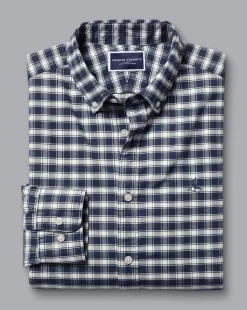 Casual Shirts|Check Shirts<Charles Tyrwhitt Button-Down Collar Brushed Washed Oxford Grid Check Shirt - Navy