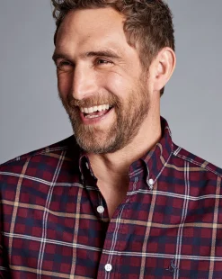 Casual Shirts|Check Shirts<Charles Tyrwhitt Button-Down Collar Brushed Washed Oxford Check Shirt - Dark Red