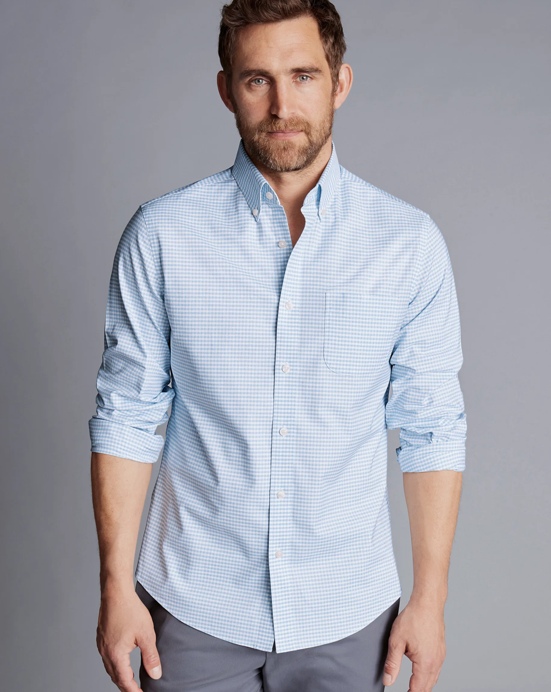 Shirt Sale|Dress Shirts<Charles Tyrwhitt Button-Down Collar Check Non-Iron Stretch Oxford Shirt - Cornflower Blue