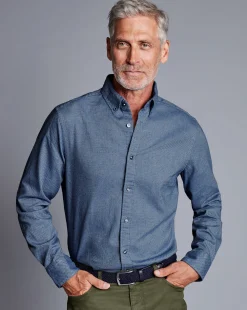 Casual Shirts|Blue Shirts<Charles Tyrwhitt Button-Down Collar Dobby Flannel Shirt - Blue Indigo