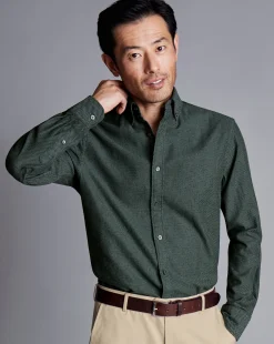 Casual Shirts|Flannel Shirts<Charles Tyrwhitt Button-Down Collar Dobby Flannel Shirt - Dark Green
