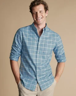 Casual Shirts|Check Shirts<Charles Tyrwhitt Button-Down Collar Non-Iron Twill Windowpane Check Shirt - Mid Blue