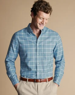 Casual Shirts|Check Shirts<Charles Tyrwhitt Button-Down Collar Non-Iron Twill Windowpane Check Shirt - Mid Blue