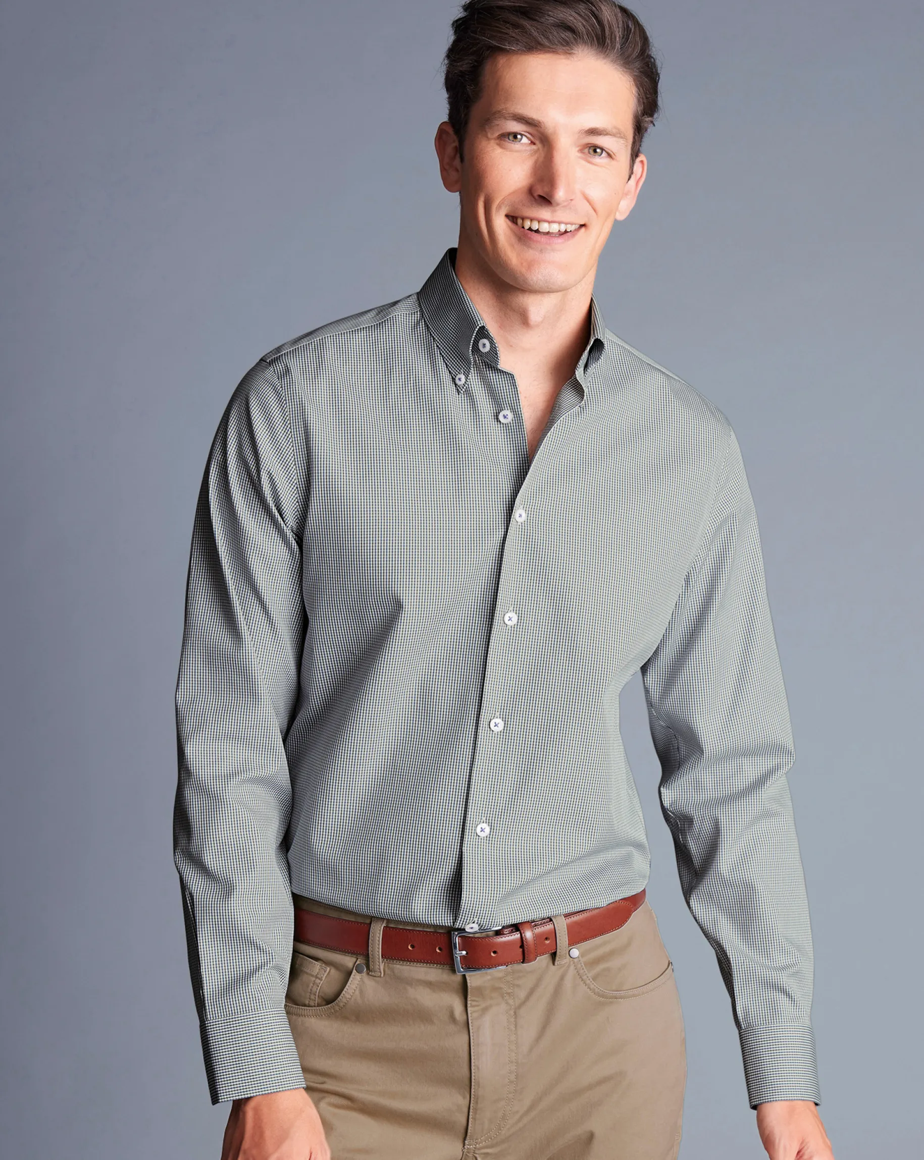 Shirt Sale|Dress Shirts<Charles Tyrwhitt Button-Down Collar Non-Iron Gingham Check Shirt - Green Olive