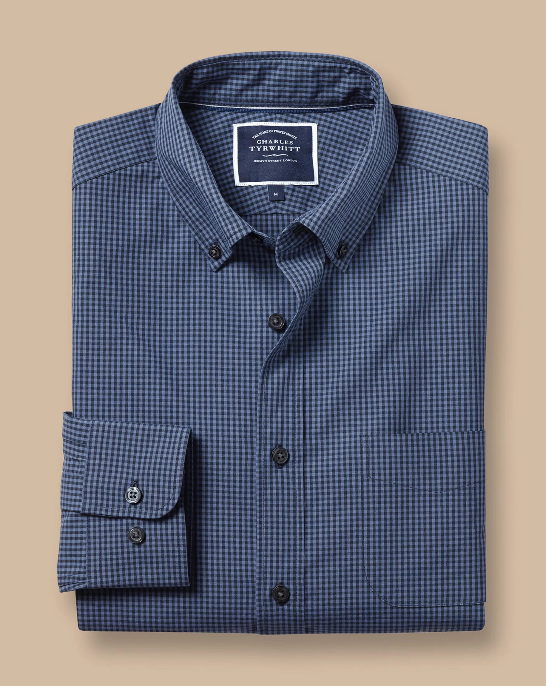 Business Casual Shirts|Casual Shirts<Charles Tyrwhitt Button-Down Collar Non-Iron Stretch Poplin Mini Gingham Shirt - Blue Indigo