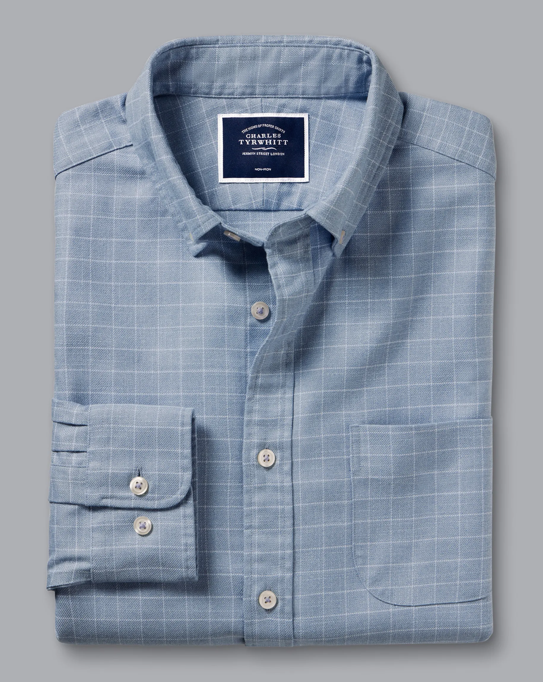 Shirt Sale|Casual Shirts<Charles Tyrwhitt Button-Down Collar Non-Iron Twill Windowpane Check Shirt - Steel Blue