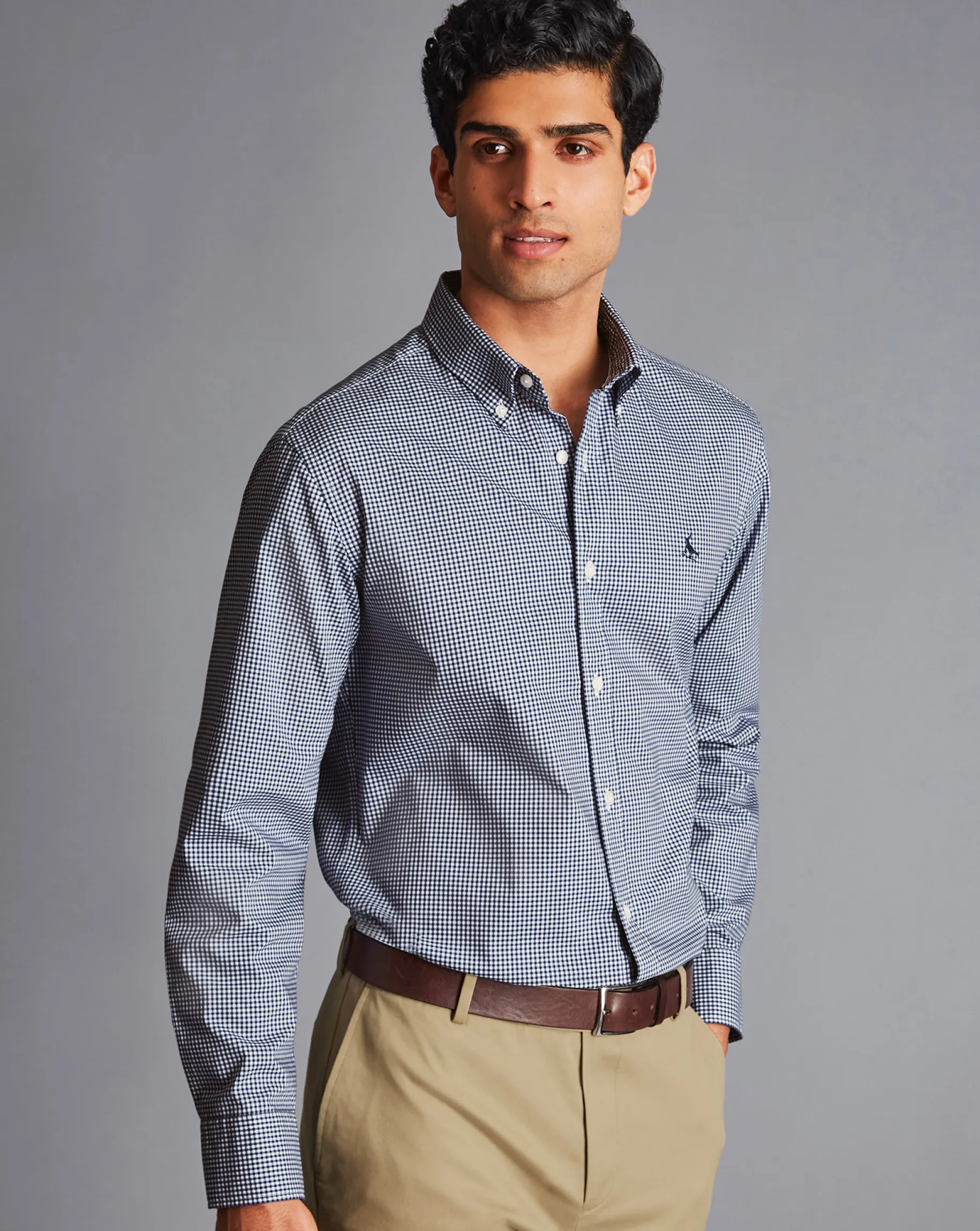 Shirt Sale|Casual Shirts<Charles Tyrwhitt Button-Down Collar Non-Iron Stretch Poplin Mini Gingham Shirt - French Blue