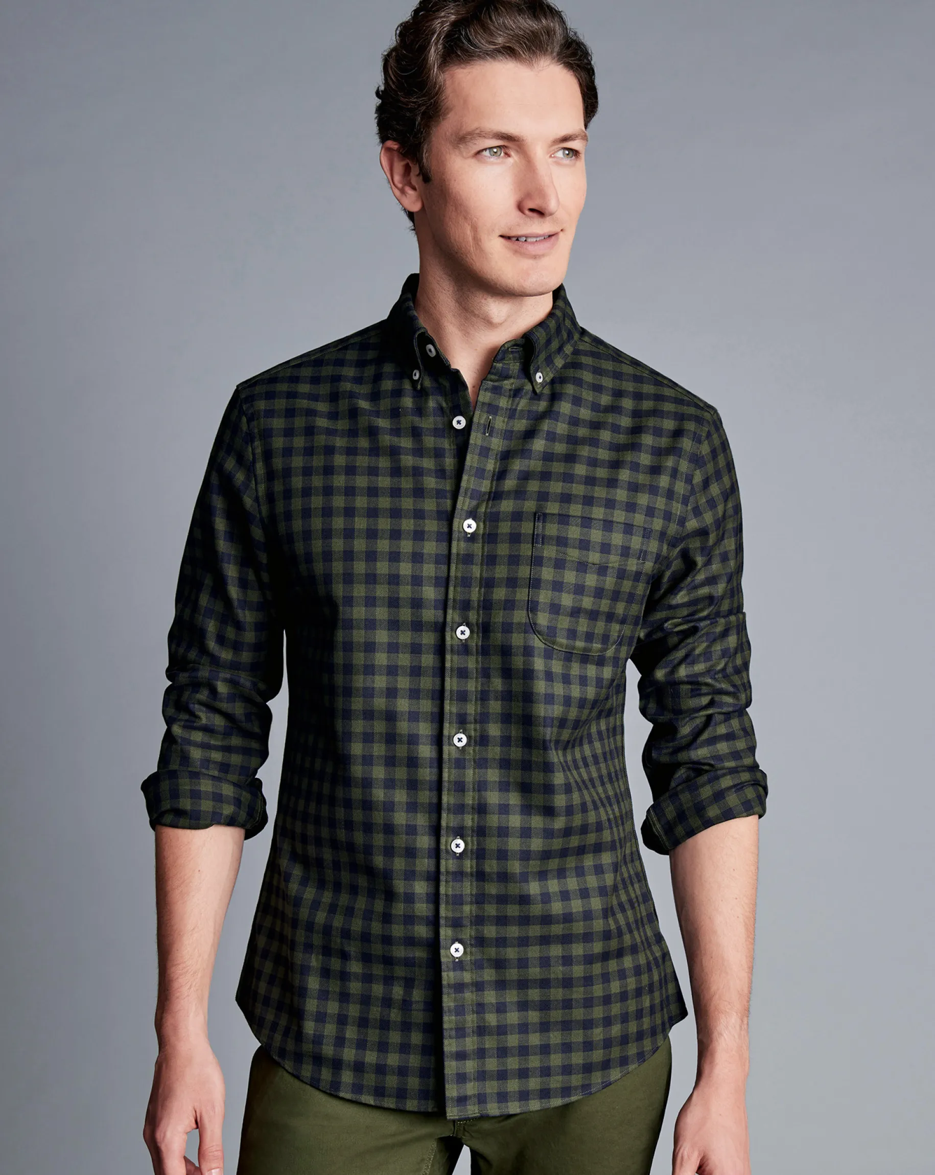 Shirt Sale|Casual Shirts<Charles Tyrwhitt Button-Down Collar Non-Iron Twill Gingham Shirt - Green Olive