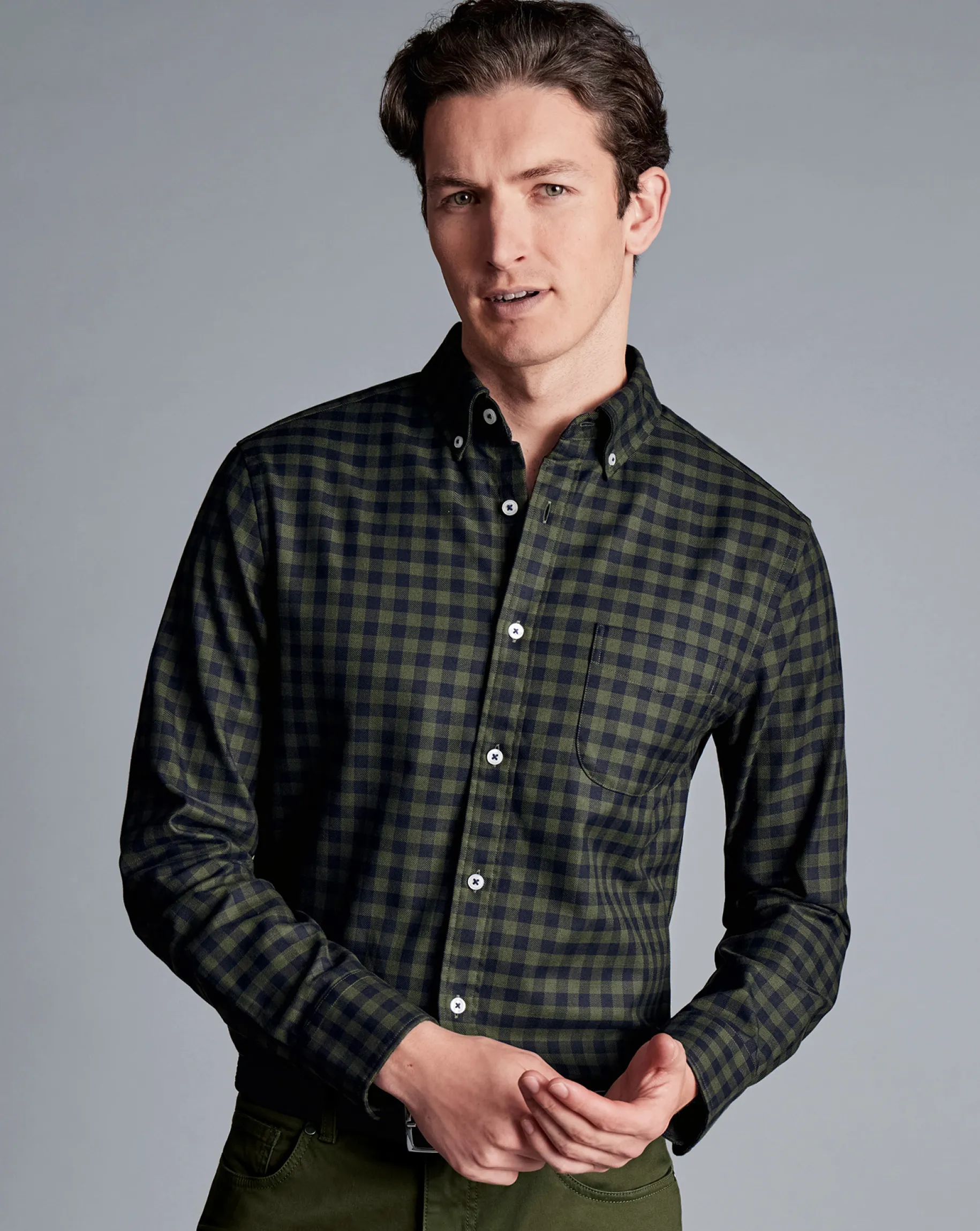 Shirt Sale|Casual Shirts<Charles Tyrwhitt Button-Down Collar Non-Iron Twill Gingham Shirt - Green Olive