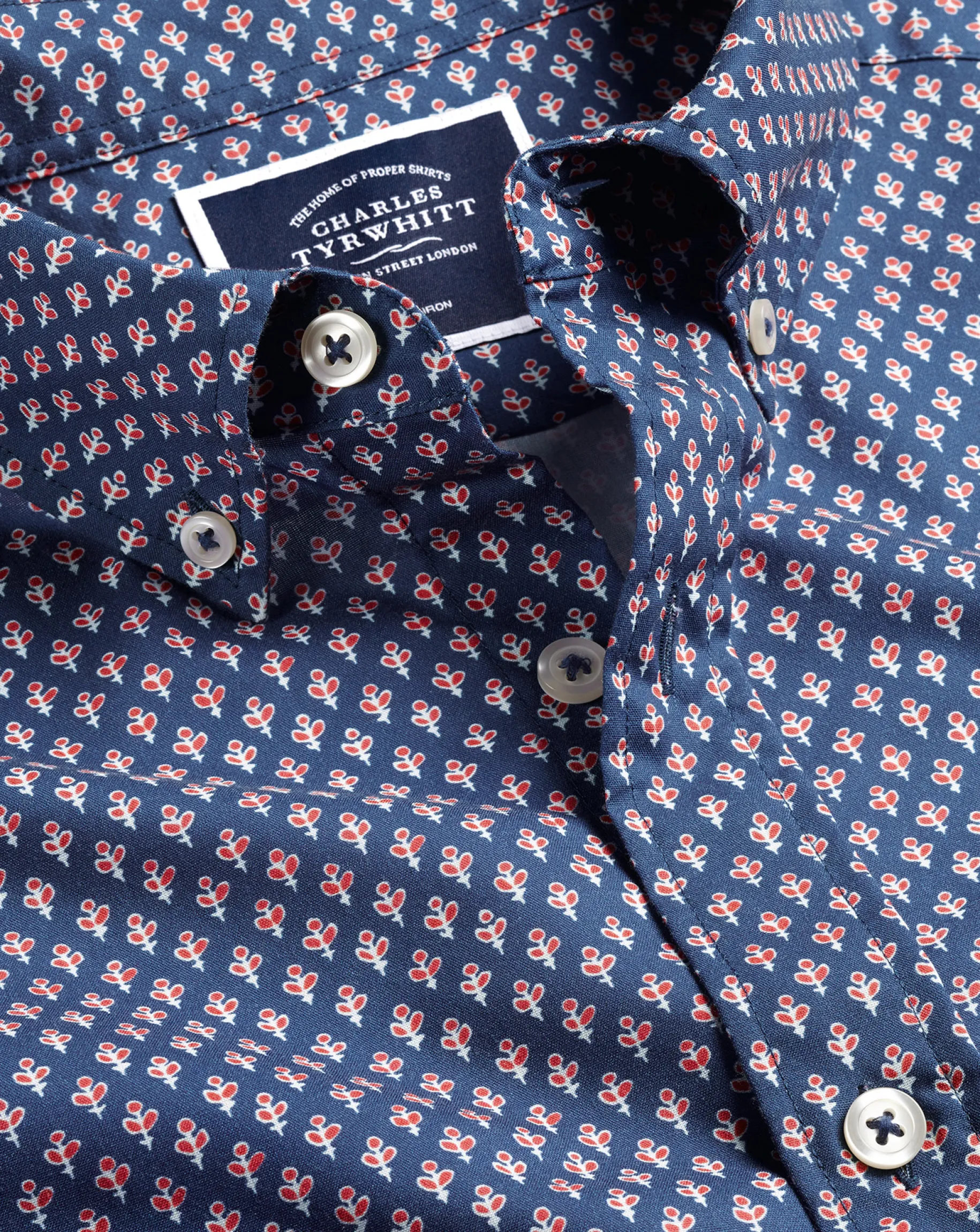 Casual Shirts|S<Charles Tyrwhitt Button-Down Collar Non-Iron Stretch Poplin Leaf Print Short Sleeve Shirt - Blue Royal