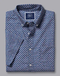 Casual Shirts|S<Charles Tyrwhitt Button-Down Collar Non-Iron Stretch Poplin Leaf Print Short Sleeve Shirt - Blue Royal