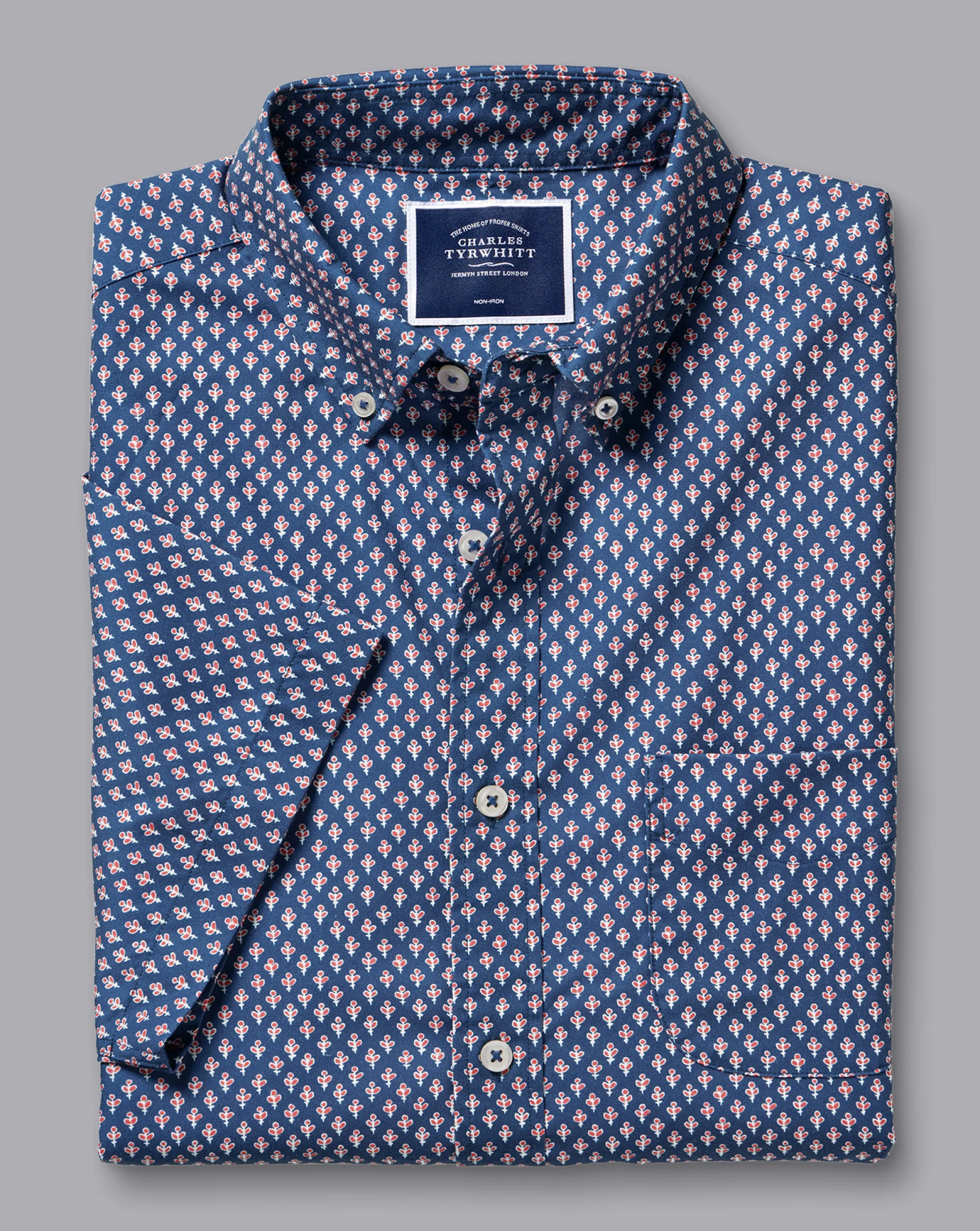 Casual Shirts|S<Charles Tyrwhitt Button-Down Collar Non-Iron Stretch Poplin Leaf Print Short Sleeve Shirt - Blue Royal