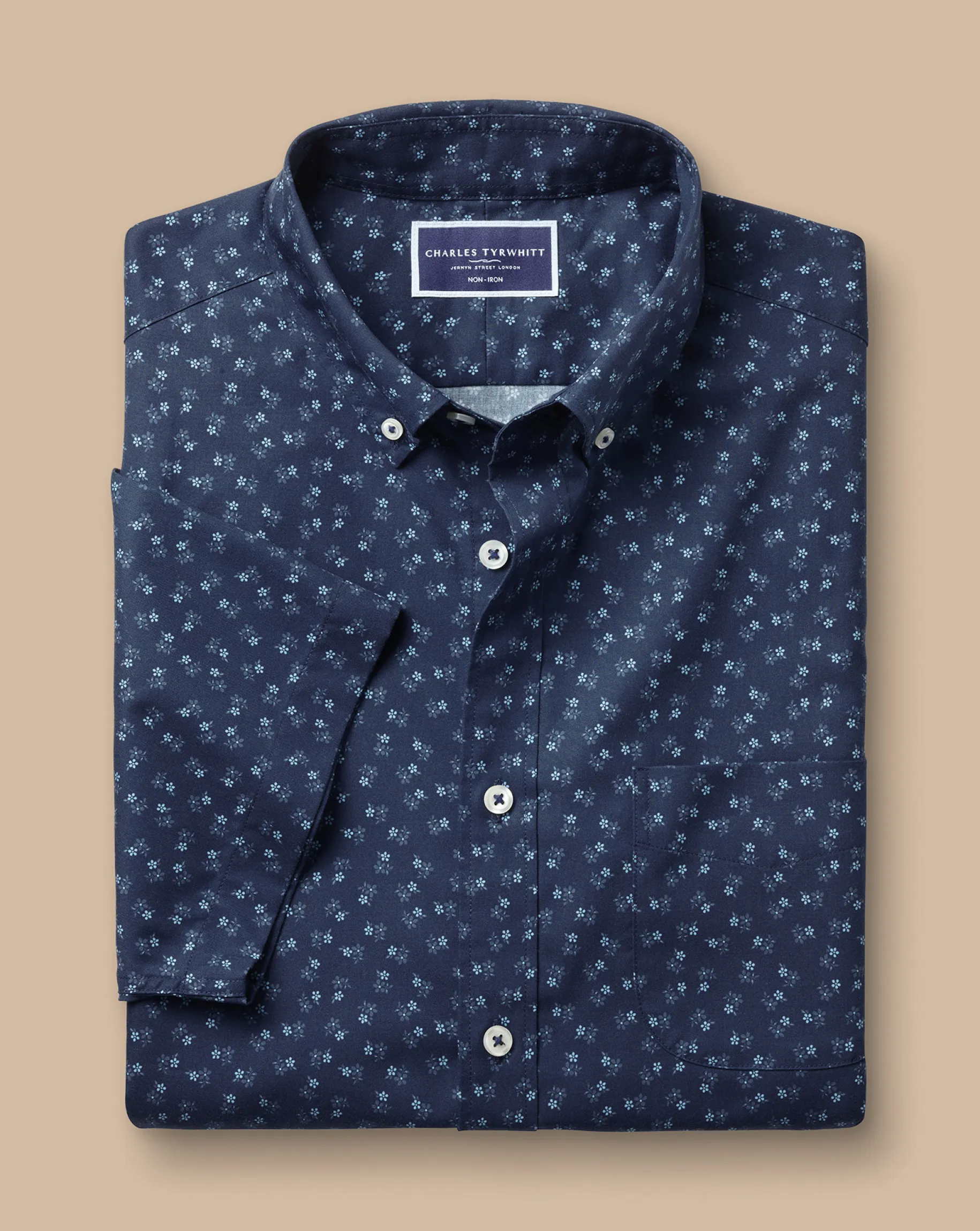Short Sleeve Shirts|Casual Shirts<Charles Tyrwhitt Button-Down Collar Non-Iron Ditsy Floral Print Shirt - Navy