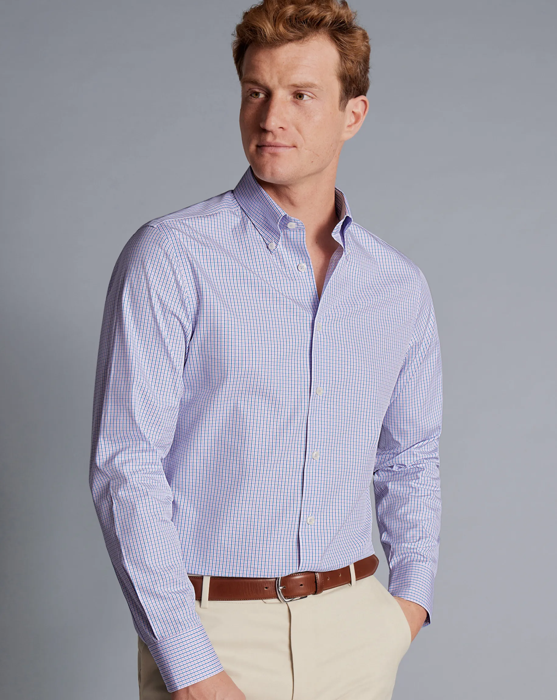 Shirt Sale|Dress Shirts<Charles Tyrwhitt Button-Down Collar Non-Iron Oxford Gingham Check Shirt - Purple Violet