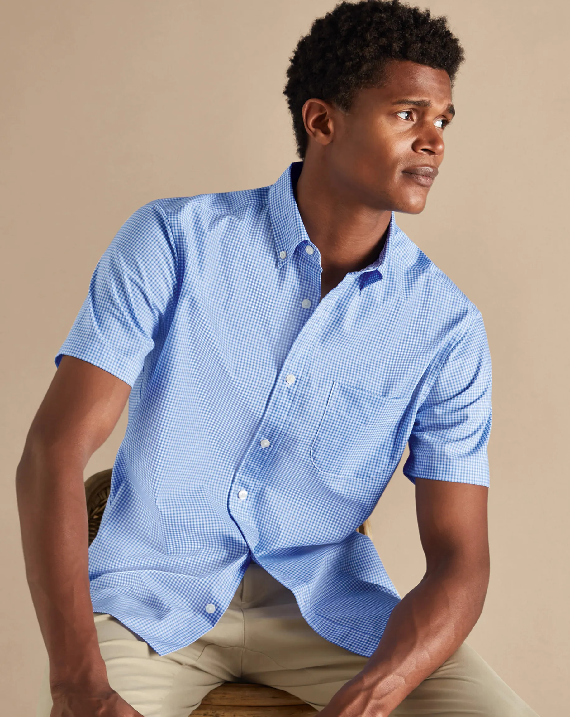 Short Sleeve Shirts|Business Casual Shirts<Charles Tyrwhitt Button-Down Collar Non-Iron Stretch Mini Gingham Short Sleeve Shirt - Ocean Blue