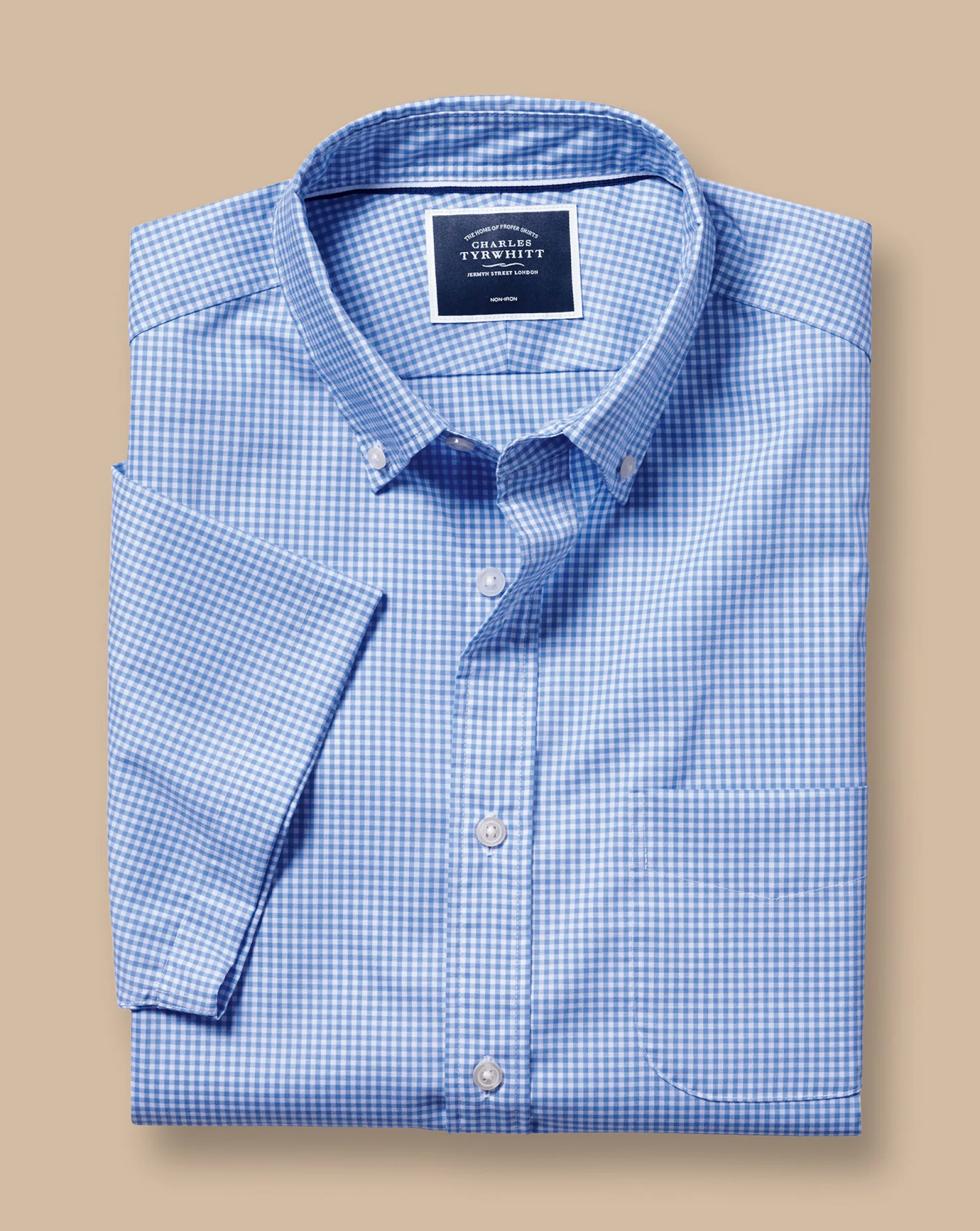 Short Sleeve Shirts|Business Casual Shirts<Charles Tyrwhitt Button-Down Collar Non-Iron Stretch Mini Gingham Short Sleeve Shirt - Ocean Blue