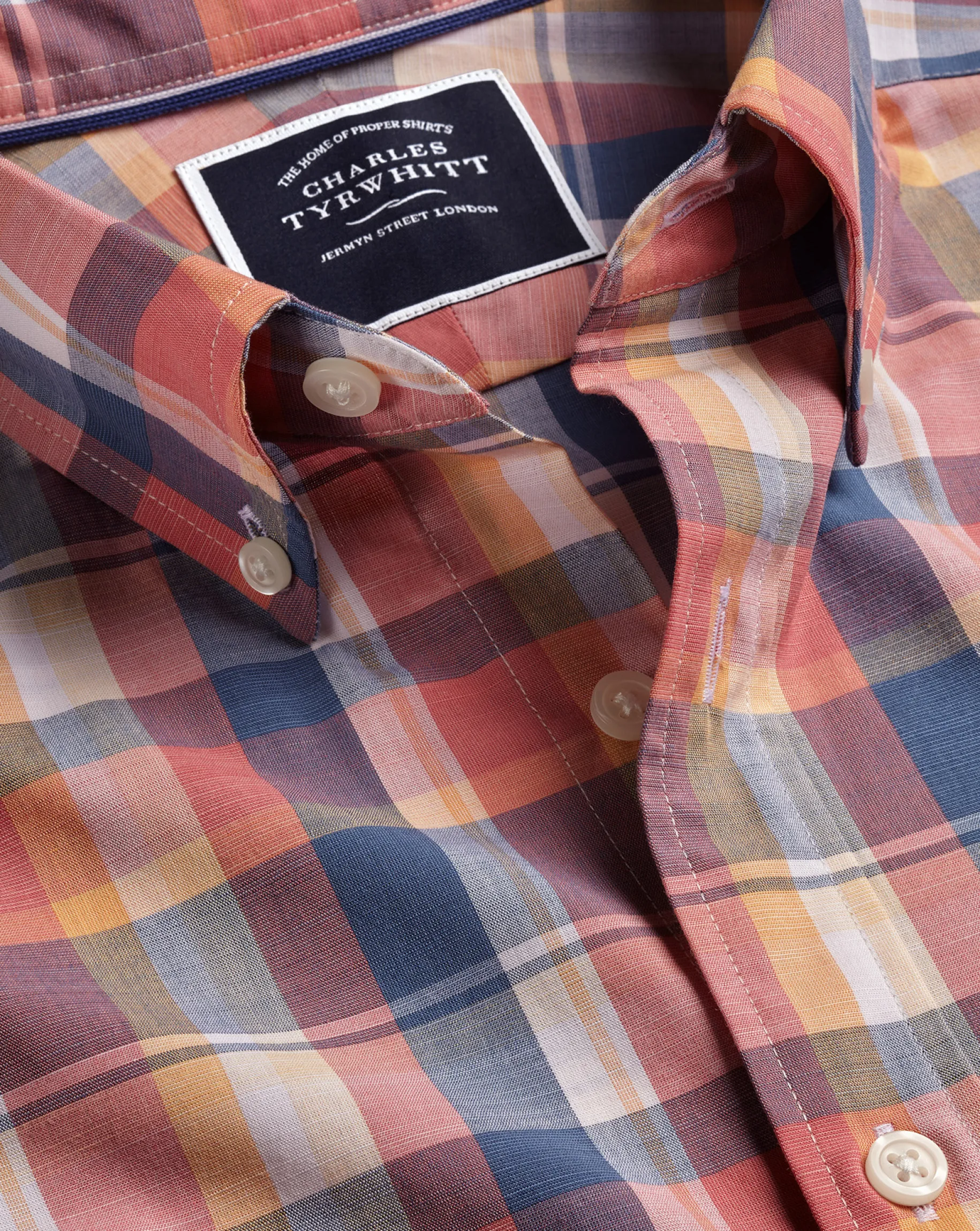 Shirt Sale|Casual Shirts<Charles Tyrwhitt Button-Down Collar Non-Iron Stretch Poplin Slub Multi Check Short Sleeve Shirt - Burnt Orange