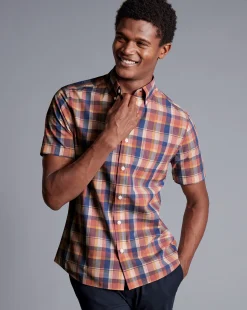 Shirt Sale|Casual Shirts<Charles Tyrwhitt Button-Down Collar Non-Iron Stretch Poplin Slub Multi Check Short Sleeve Shirt - Burnt Orange