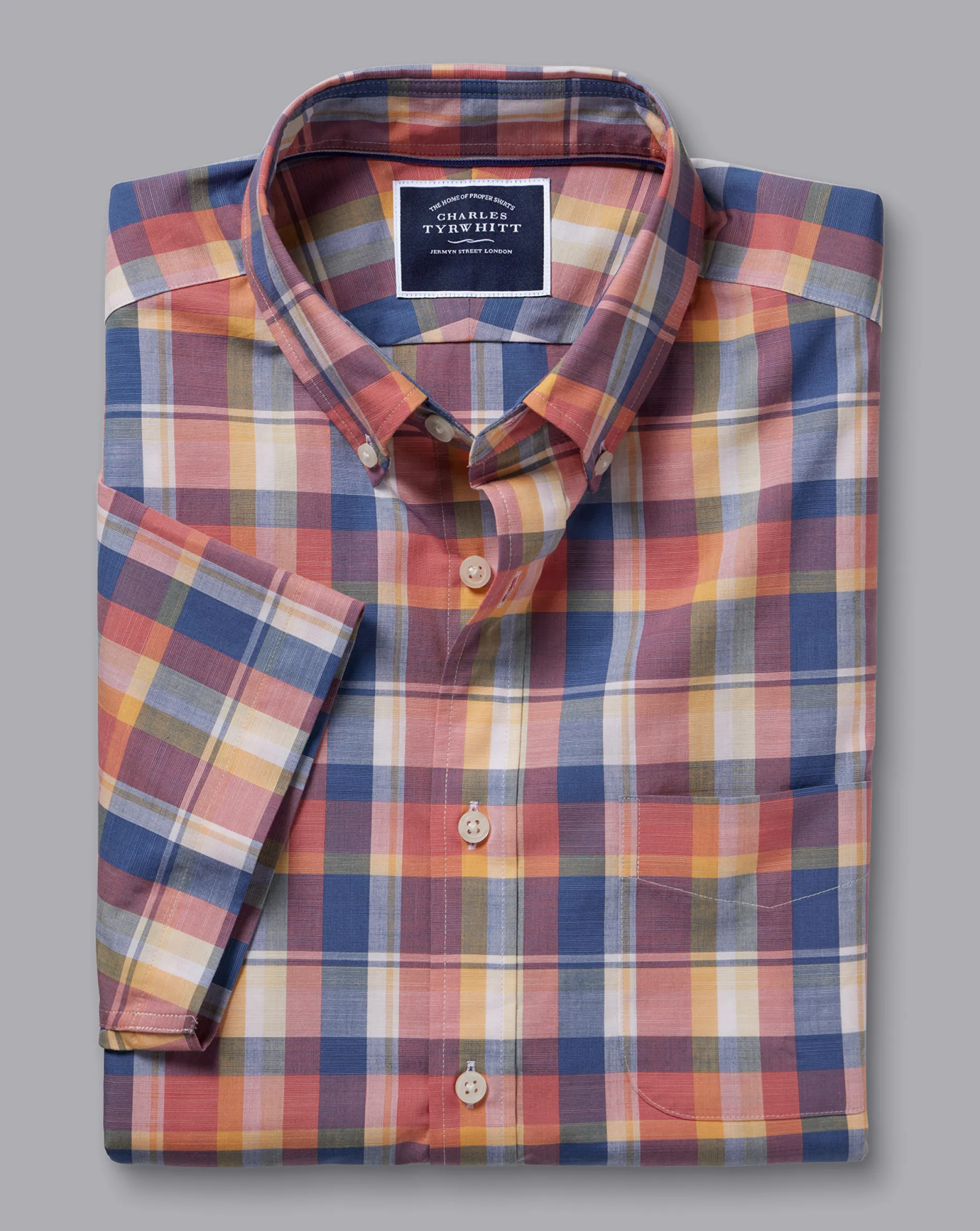 Shirt Sale|Casual Shirts<Charles Tyrwhitt Button-Down Collar Non-Iron Stretch Poplin Slub Multi Check Short Sleeve Shirt - Burnt Orange