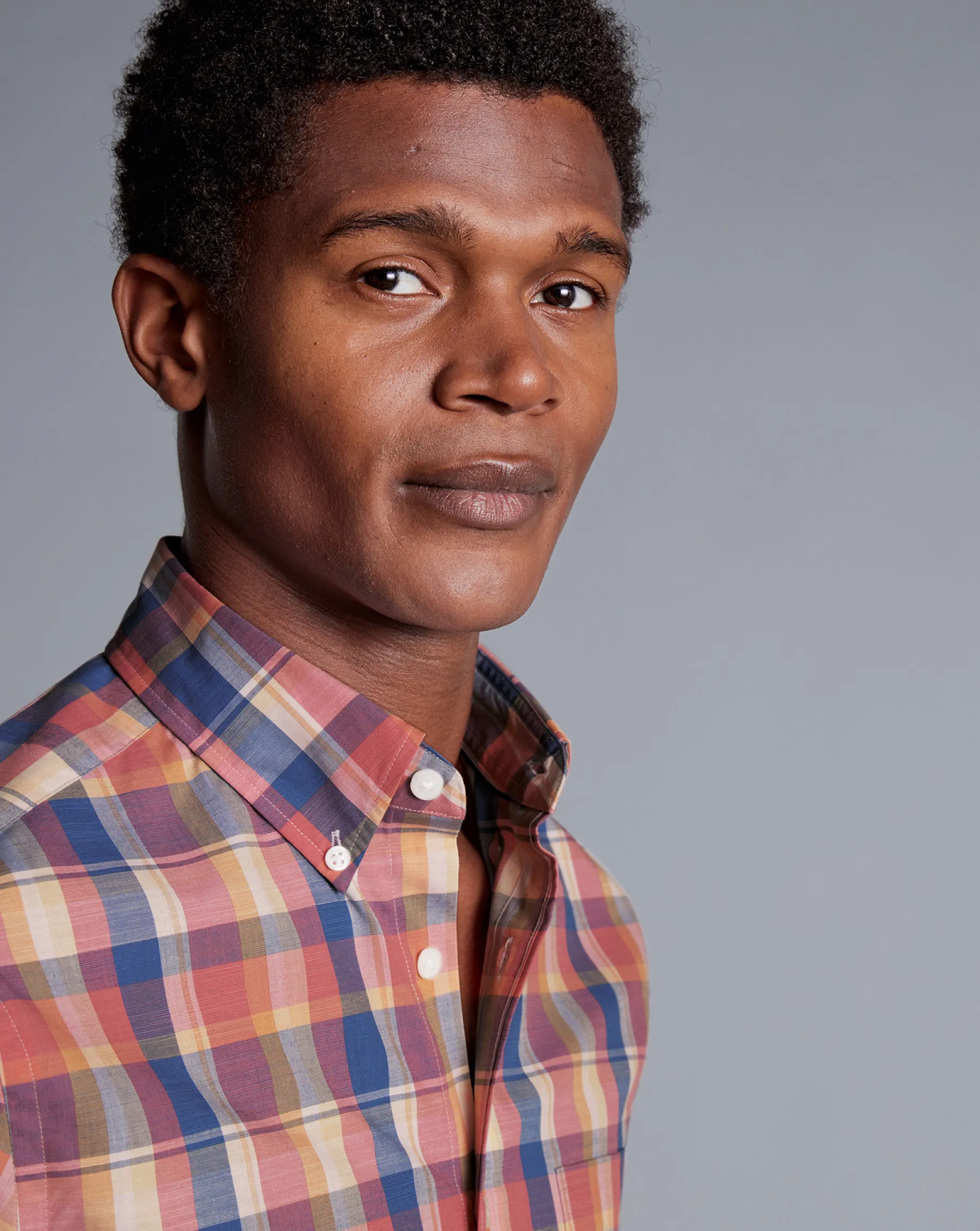 Shirt Sale|Casual Shirts<Charles Tyrwhitt Button-Down Collar Non-Iron Stretch Poplin Slub Multi Check Short Sleeve Shirt - Burnt Orange