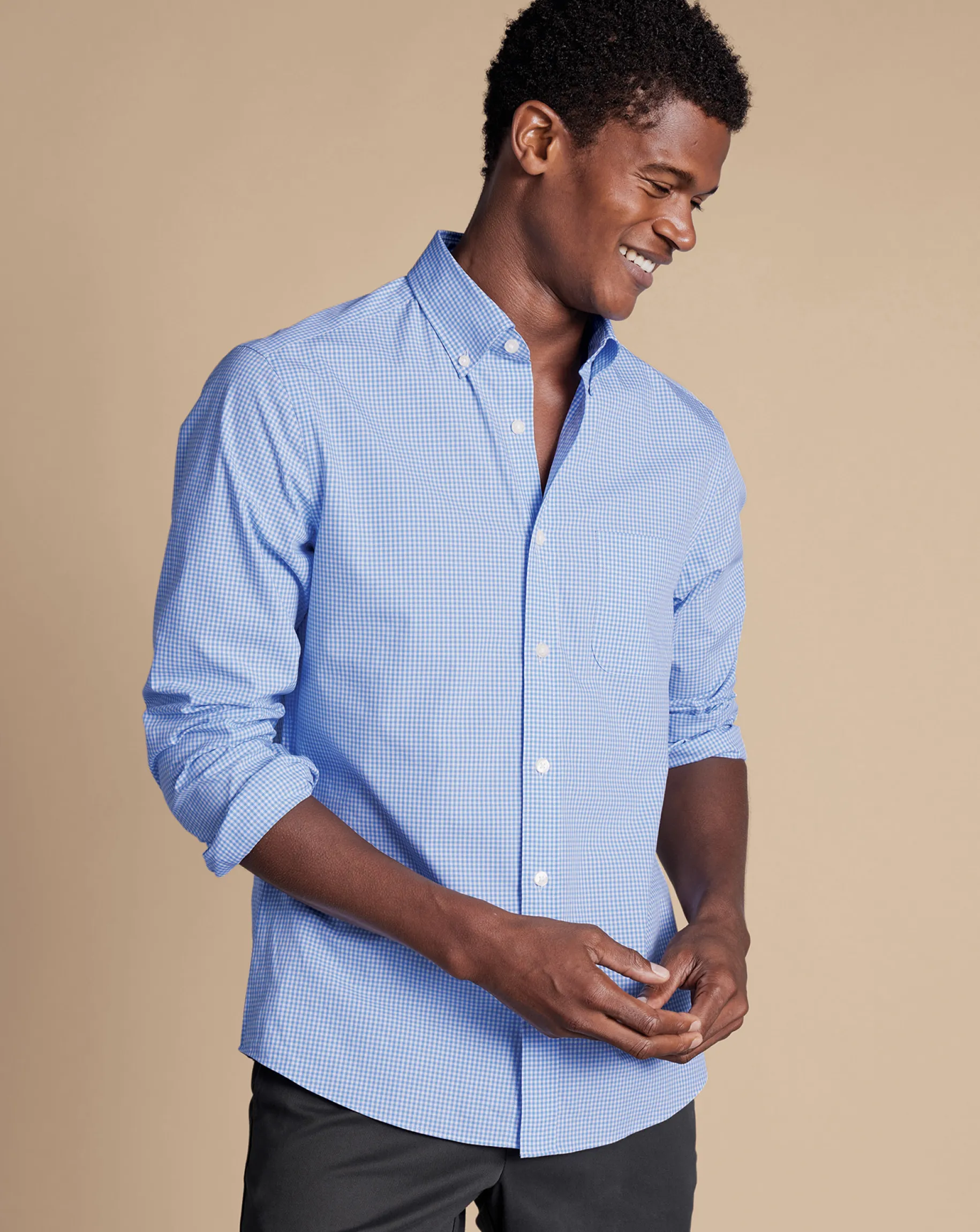 Business Casual Shirts|Casual Shirts<Charles Tyrwhitt Button-Down Collar Non-Iron Stretch Poplin Mini Gingham Check Shirt - Ocean Blue