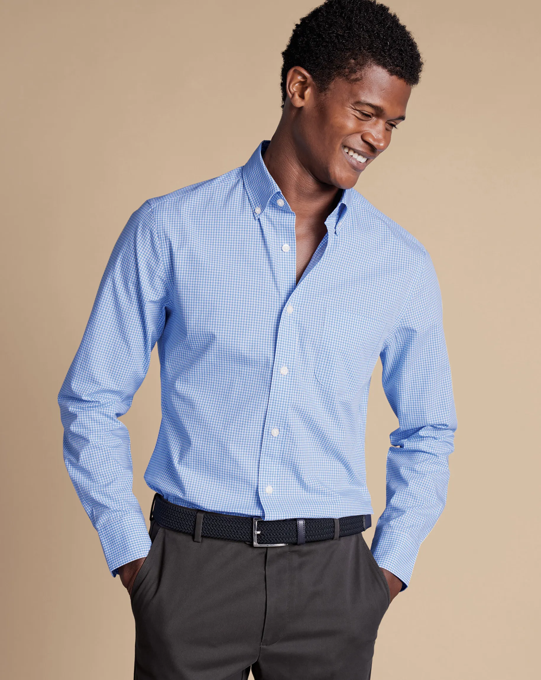 Business Casual Shirts|Casual Shirts<Charles Tyrwhitt Button-Down Collar Non-Iron Stretch Poplin Mini Gingham Check Shirt - Ocean Blue