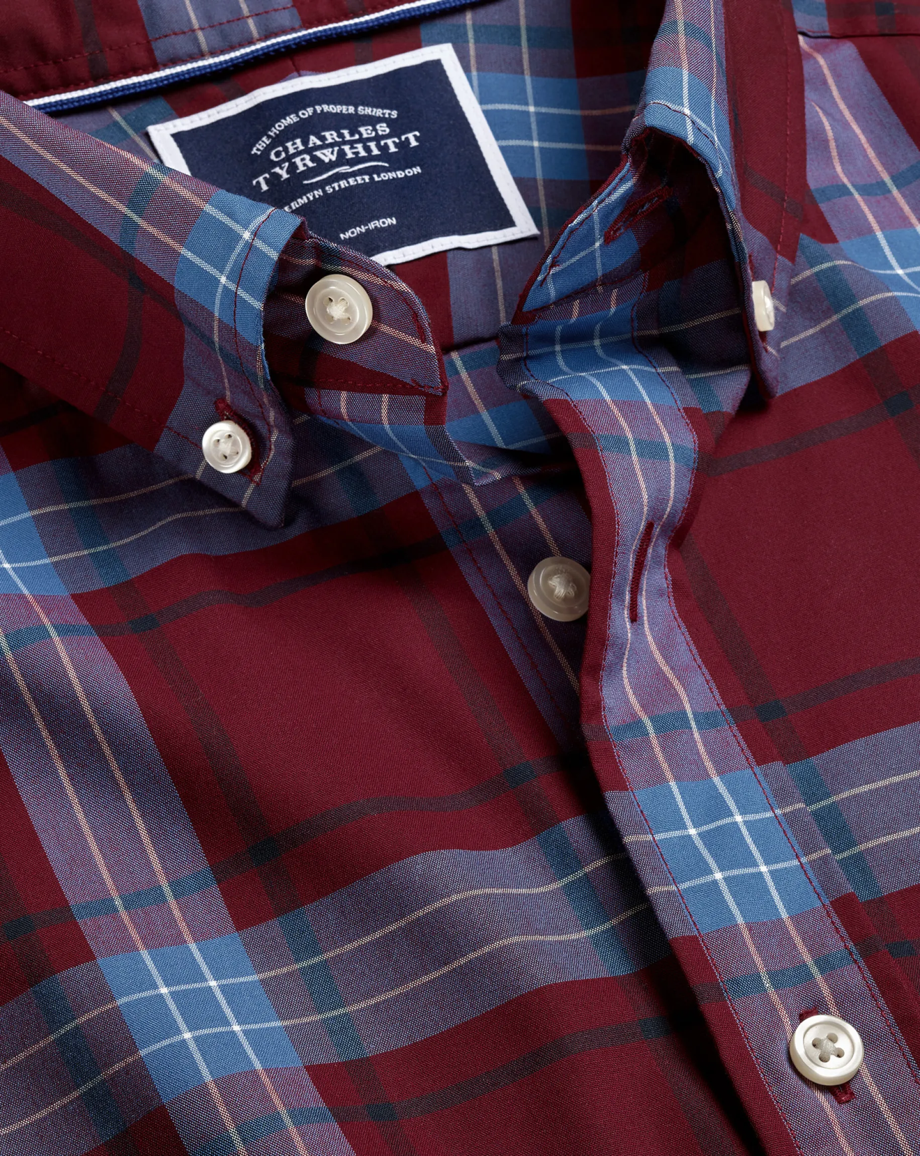Casual Shirts|S<Charles Tyrwhitt Button-Down Collar Non-Iron Stretch Poplin Large Check Shirt - Red