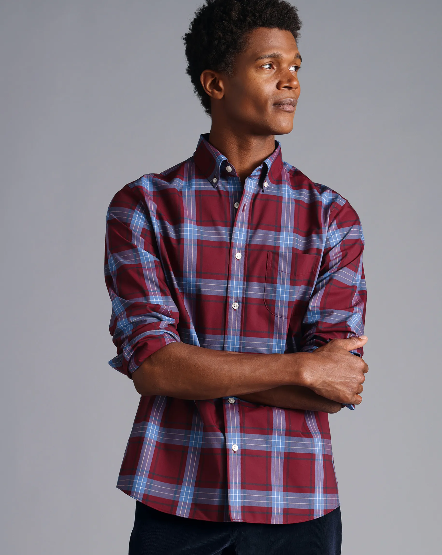 Casual Shirts|S<Charles Tyrwhitt Button-Down Collar Non-Iron Stretch Poplin Large Check Shirt - Red