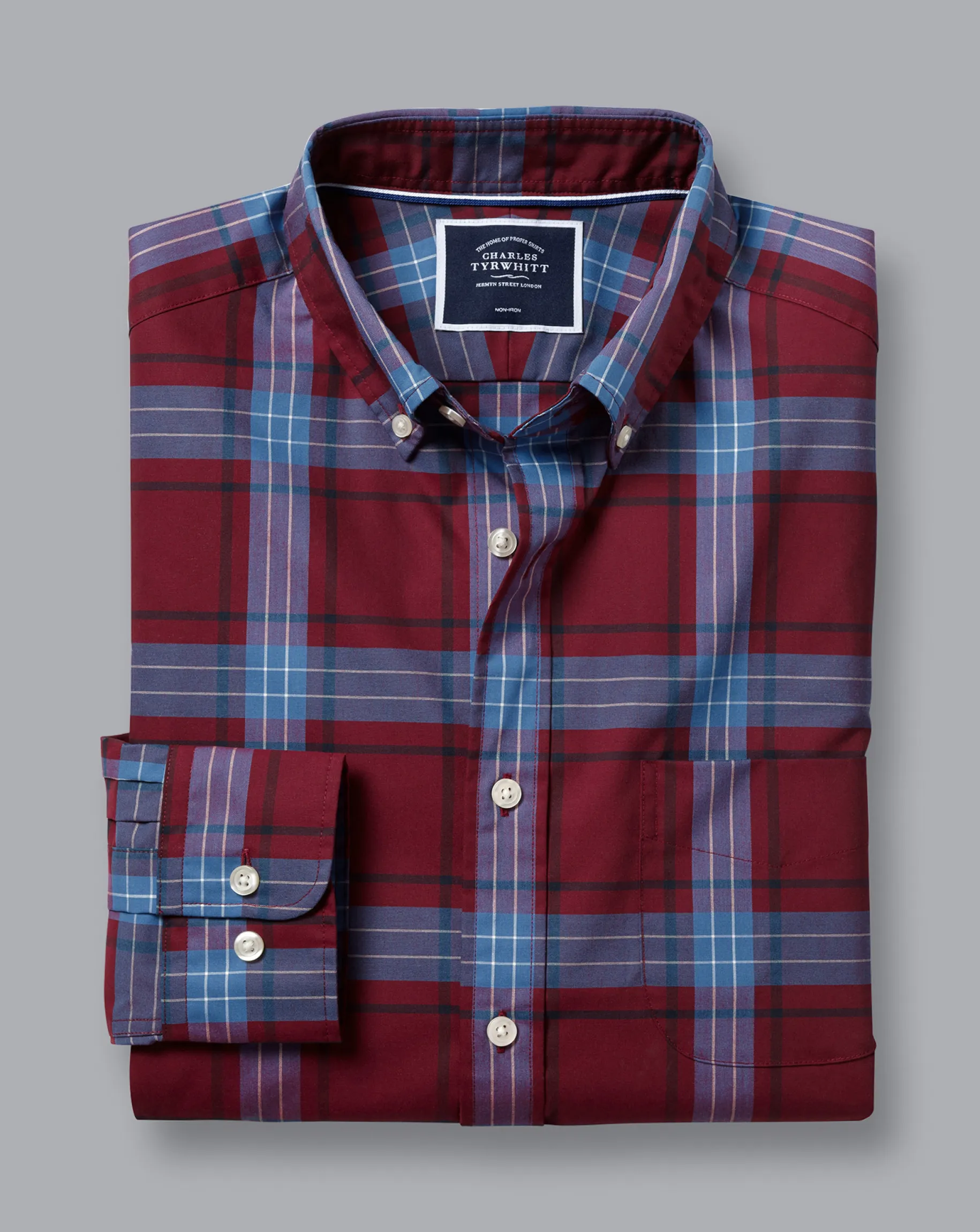 Casual Shirts|S<Charles Tyrwhitt Button-Down Collar Non-Iron Stretch Poplin Large Check Shirt - Red