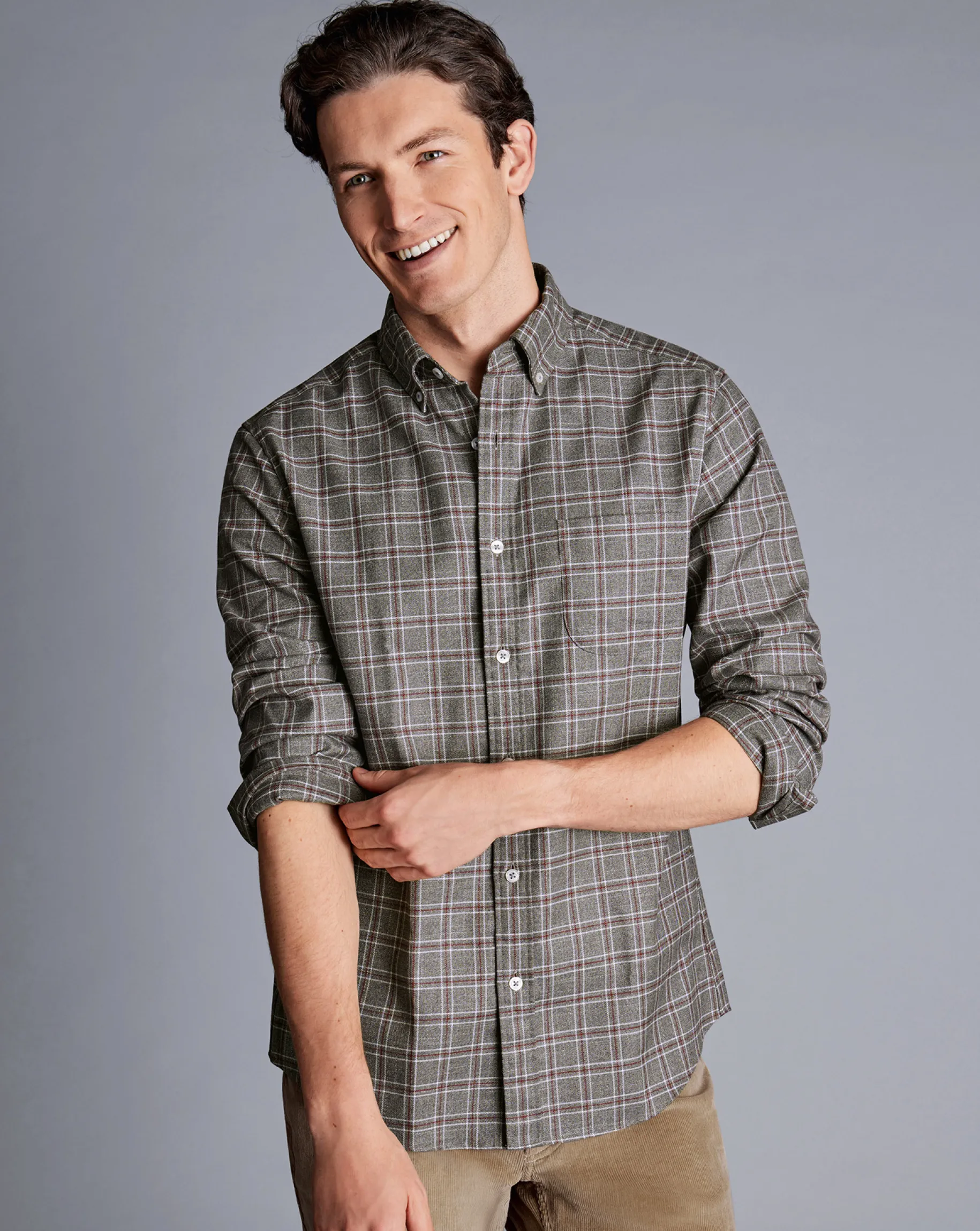 Shirt Sale|Casual Shirts<Charles Tyrwhitt Button-Down Collar Non-Iron Twill Triple Windowpane Shirt - Grey
