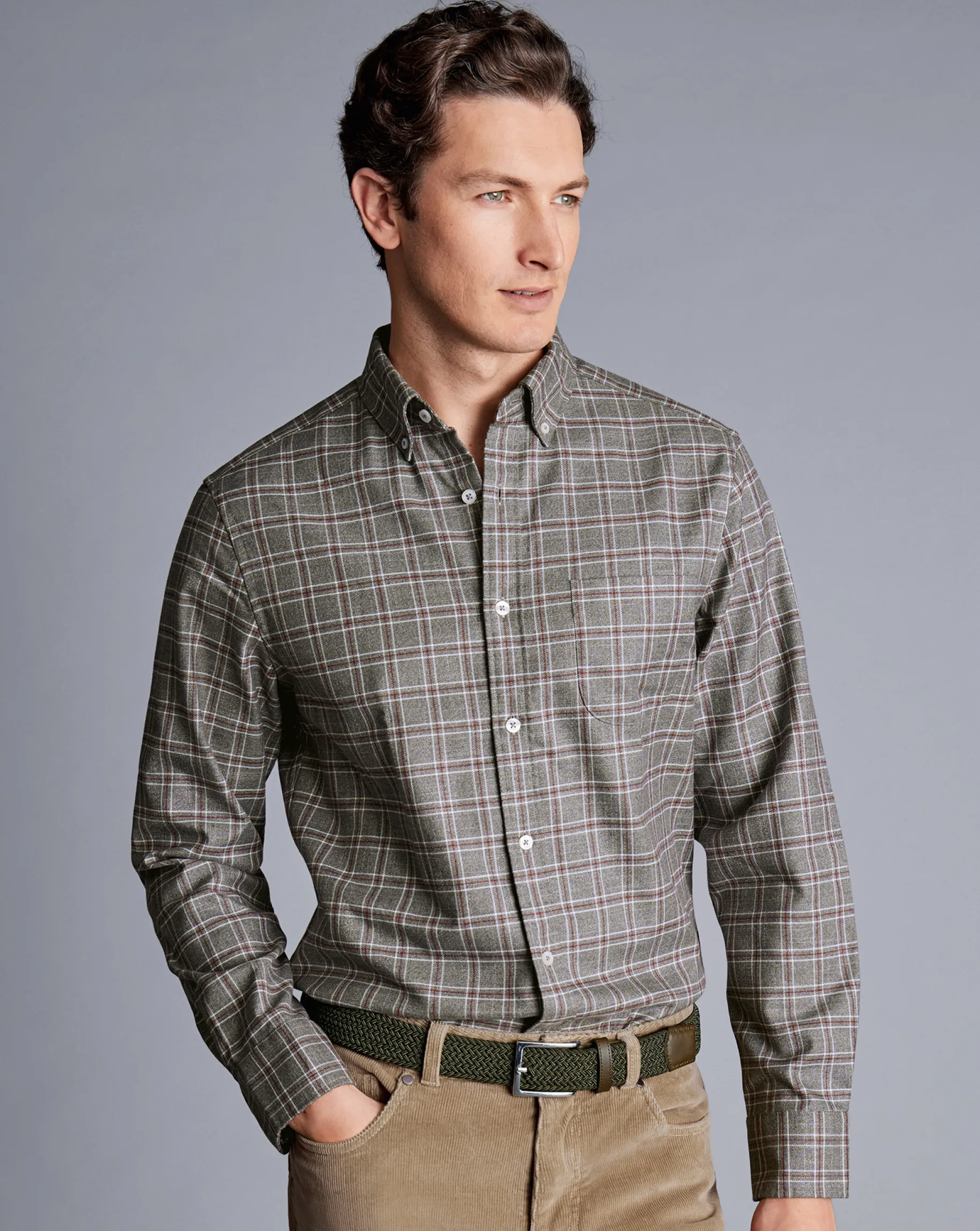 Shirt Sale|Casual Shirts<Charles Tyrwhitt Button-Down Collar Non-Iron Twill Triple Windowpane Shirt - Grey