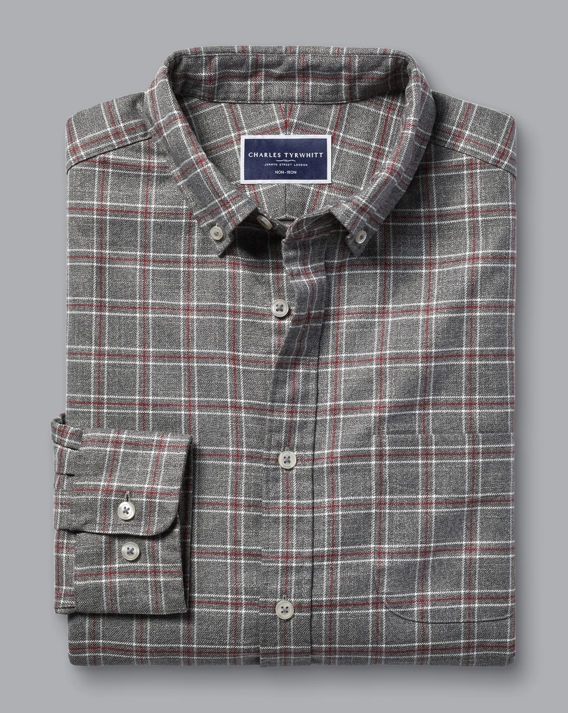 Shirt Sale|Casual Shirts<Charles Tyrwhitt Button-Down Collar Non-Iron Twill Triple Windowpane Shirt - Grey