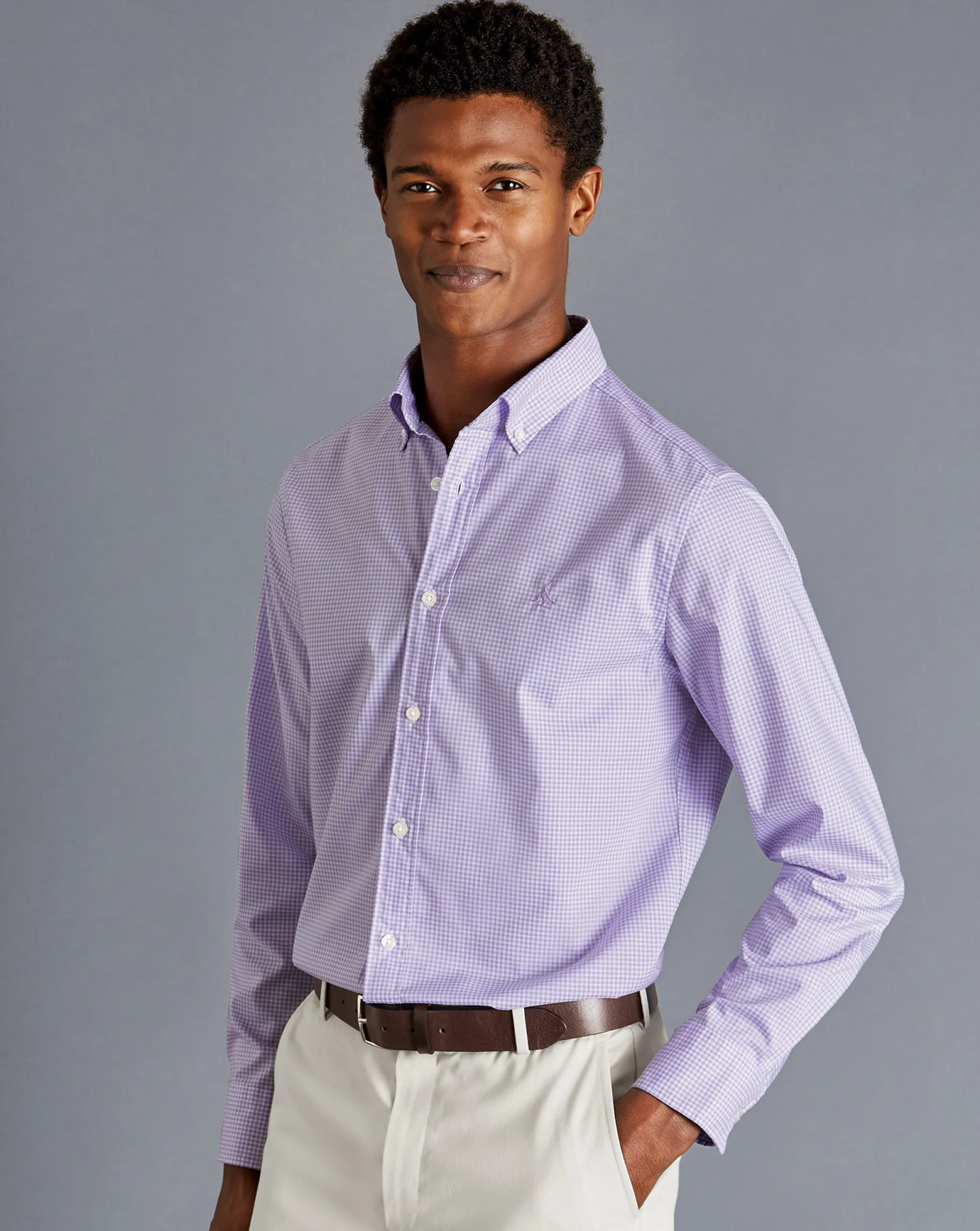 Shirt Sale|Casual Shirts<Charles Tyrwhitt Button-Down Collar Non-Iron Stretch Mini Gingham Check Shirt - Lilac
