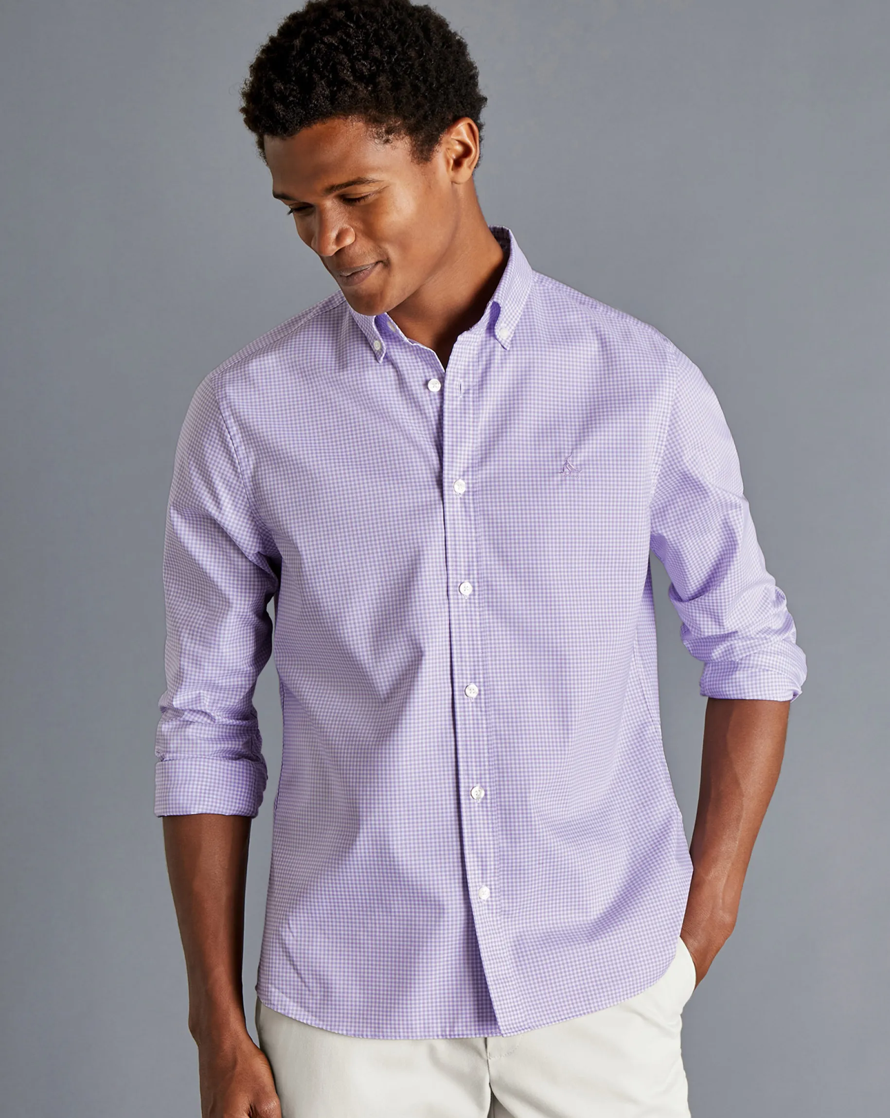 Shirt Sale|Casual Shirts<Charles Tyrwhitt Button-Down Collar Non-Iron Stretch Mini Gingham Check Shirt - Lilac