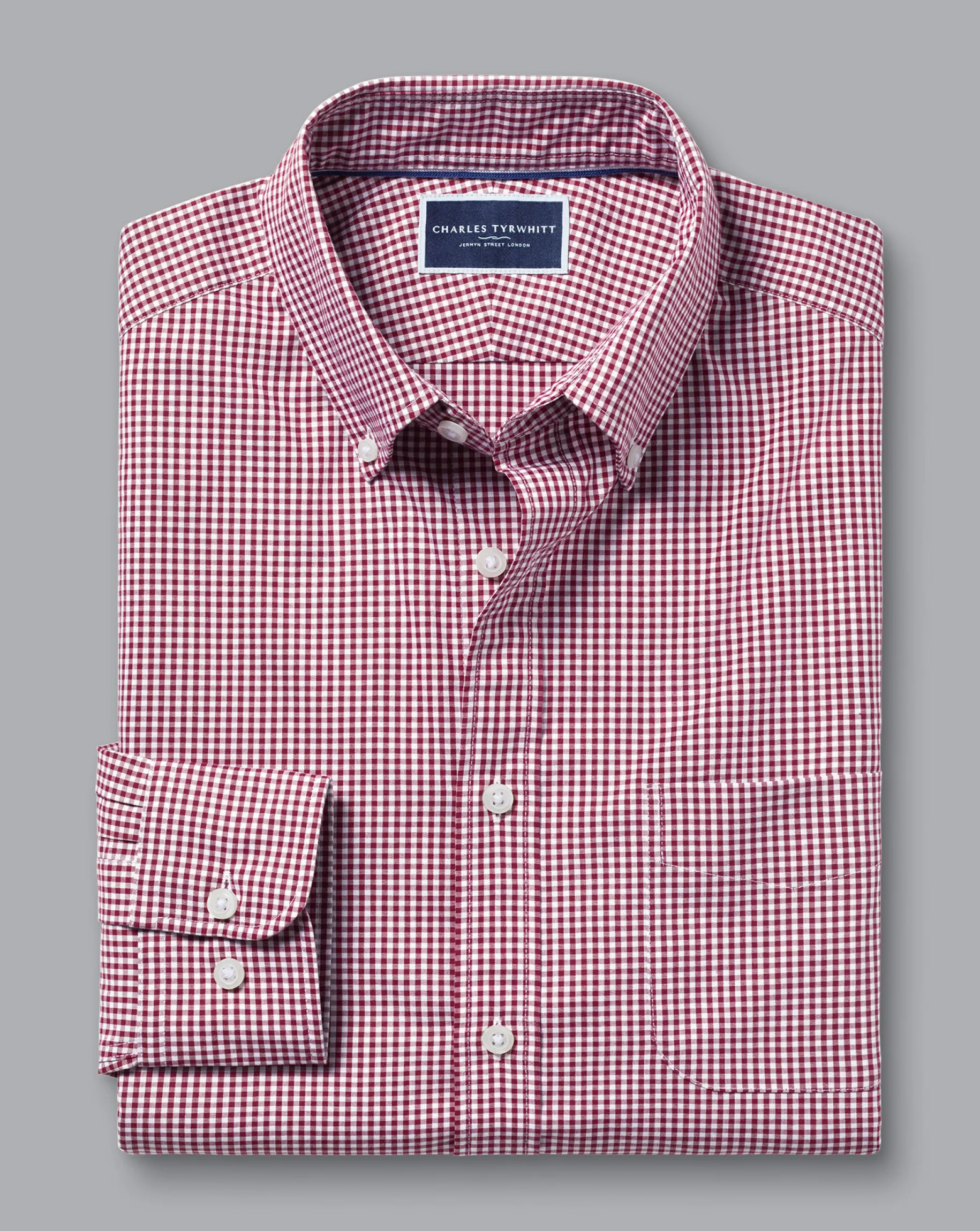 Casual Shirts|S<Charles Tyrwhitt Button-Down Collar Non-Iron Stretch Poplin Mini Gingham Shirt - Pink Raspberry