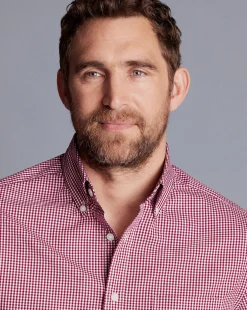 Casual Shirts|S<Charles Tyrwhitt Button-Down Collar Non-Iron Stretch Poplin Mini Gingham Shirt - Pink Raspberry
