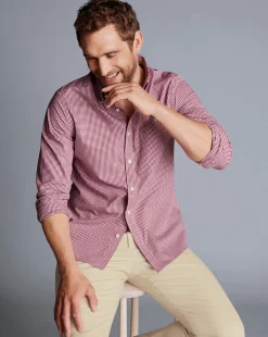 Casual Shirts|S<Charles Tyrwhitt Button-Down Collar Non-Iron Stretch Poplin Mini Gingham Shirt - Pink Raspberry