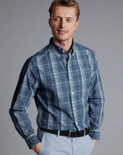 Casual Shirts|S<Charles Tyrwhitt Button-Down Collar Non-Iron Stretch Poplin Slub Check Shirt - Steel Blue