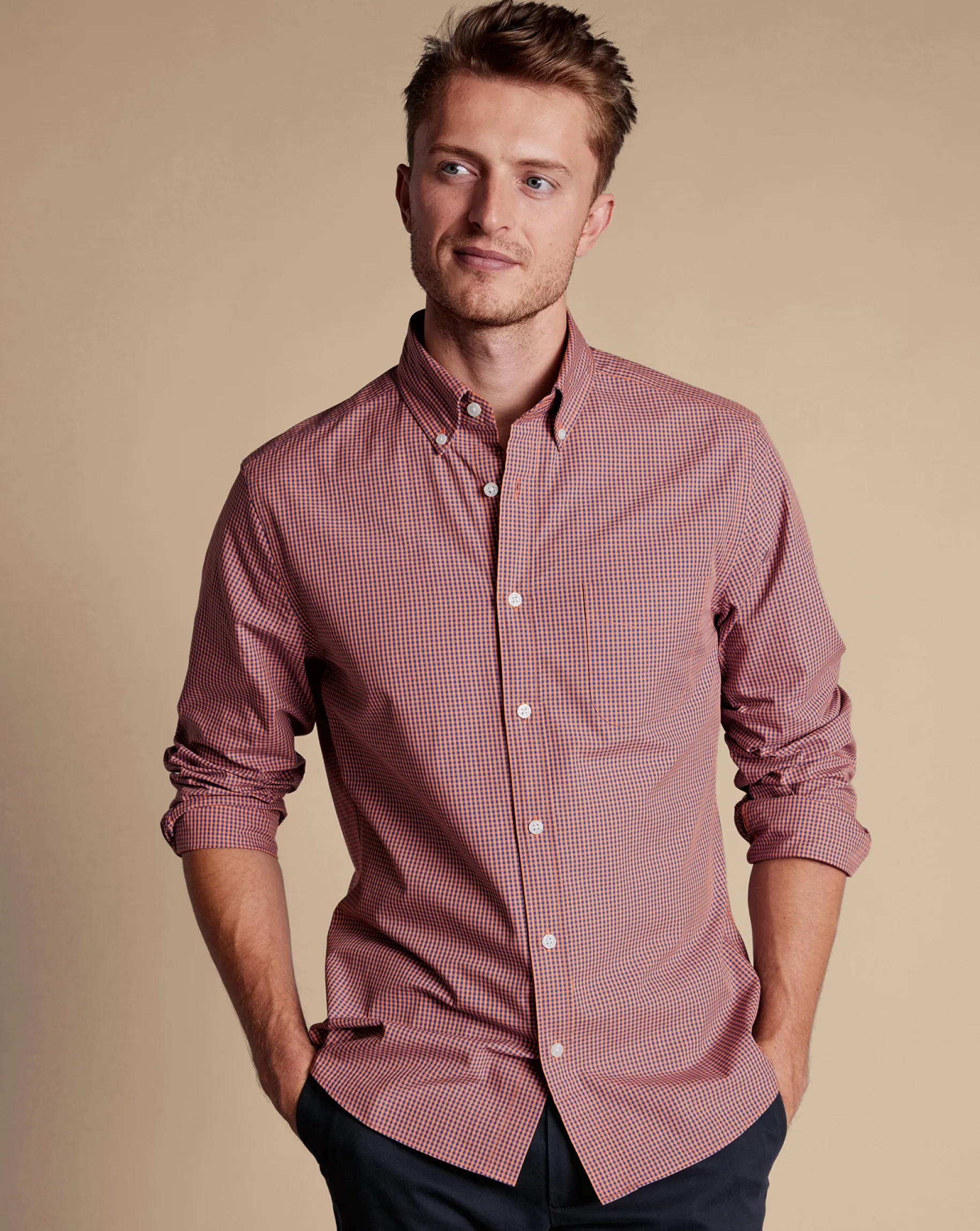 Business Casual Shirts|Casual Shirts<Charles Tyrwhitt Button-Down Collar Non-Iron Stretch Poplin Mini Gingham Shirt - Light Coral Pink