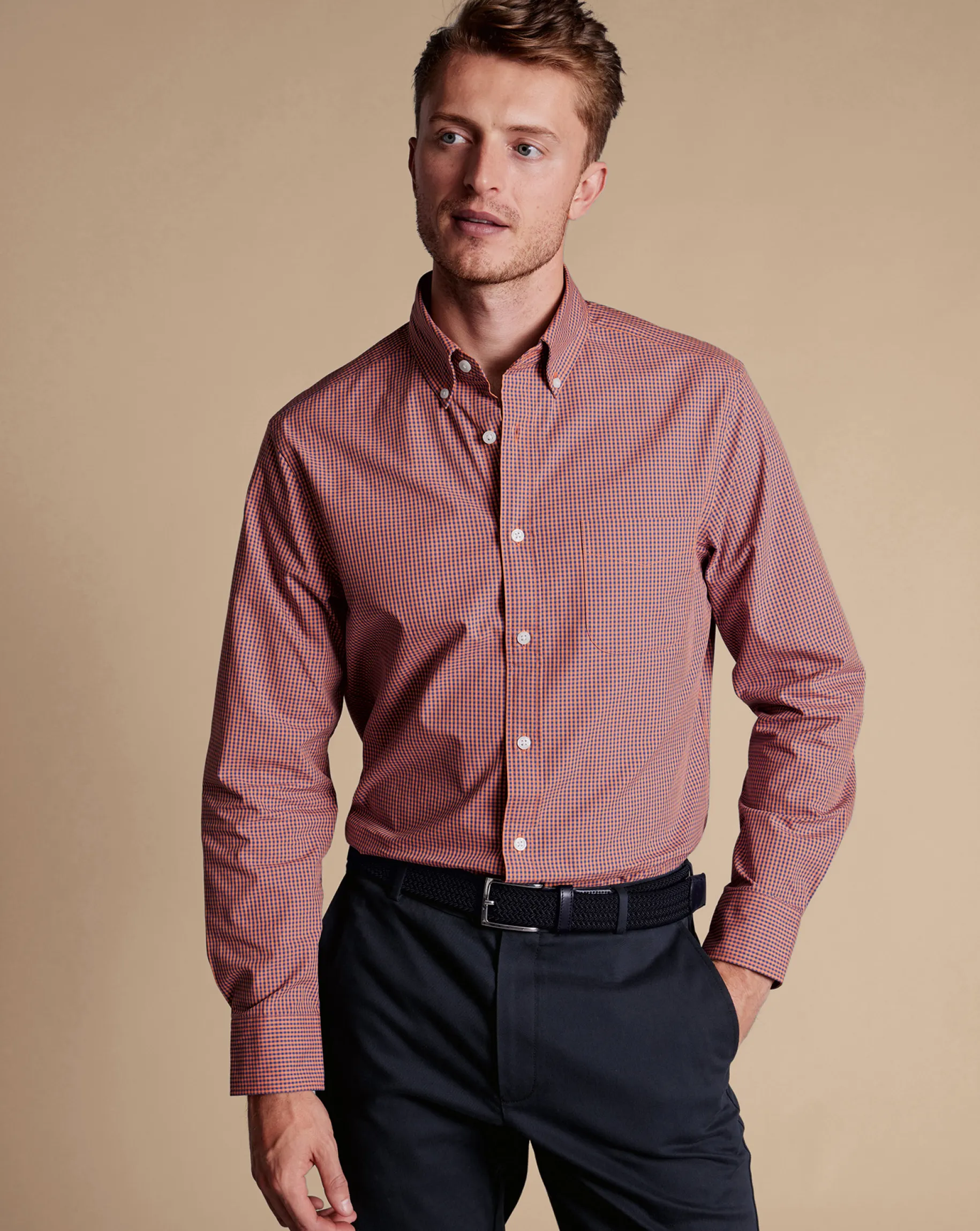 Business Casual Shirts|Casual Shirts<Charles Tyrwhitt Button-Down Collar Non-Iron Stretch Poplin Mini Gingham Shirt - Light Coral Pink