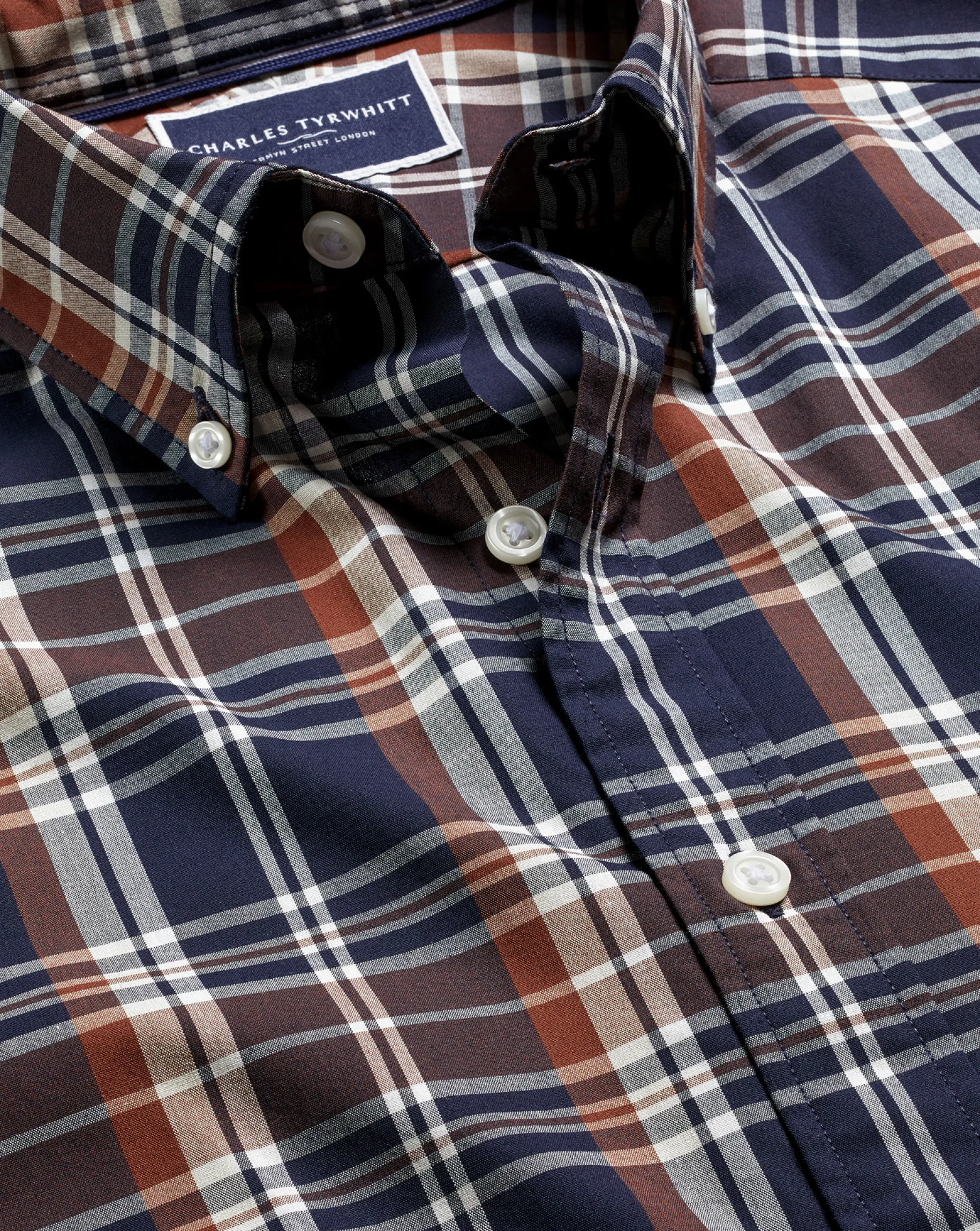 Shirt Sale|Casual Shirts<Charles Tyrwhitt Button-Down Collar Non-Iron Stretch Poplin Plaid Check Shirt - Rust