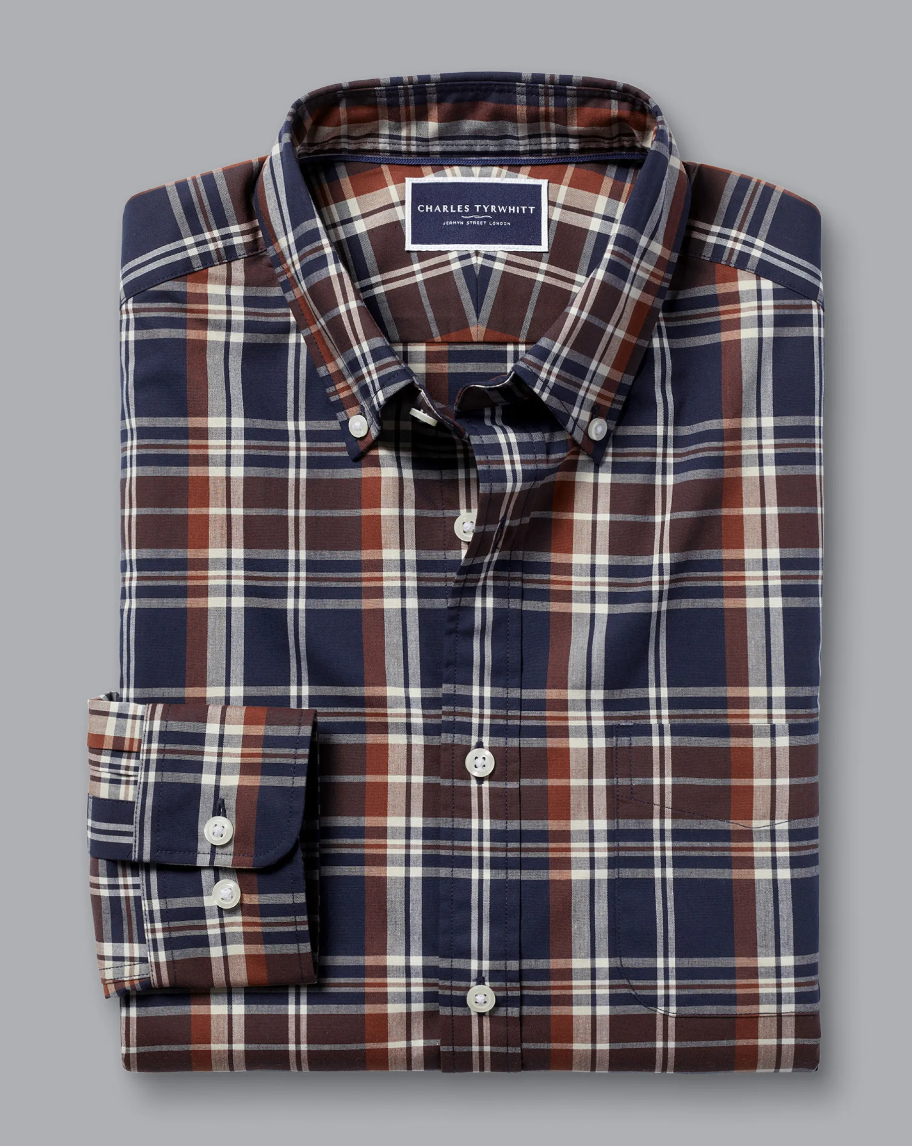 Shirt Sale|Casual Shirts<Charles Tyrwhitt Button-Down Collar Non-Iron Stretch Poplin Plaid Check Shirt - Rust