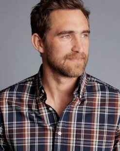 Shirt Sale|Casual Shirts<Charles Tyrwhitt Button-Down Collar Non-Iron Stretch Poplin Plaid Check Shirt - Rust