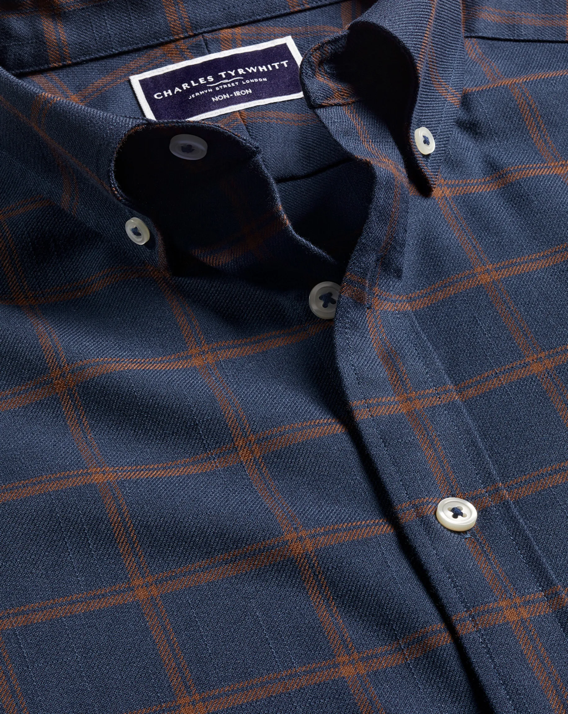 Casual Shirts|Check Shirts<Charles Tyrwhitt Button-Down Collar Non-Iron Twill Windowpane Check Shirt - Rust & Navy Rust & Navy